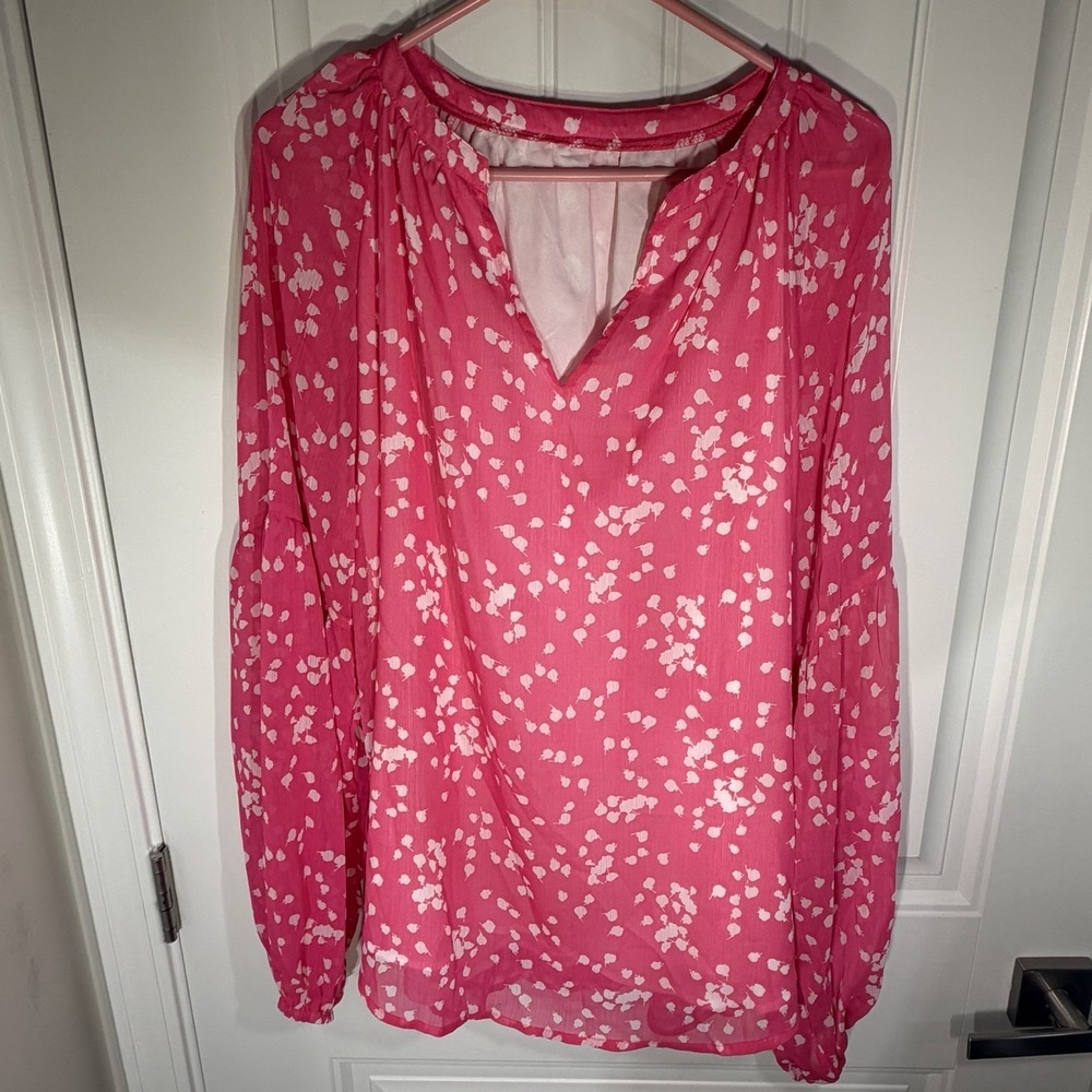 Women's Pink Sheer Floral Blouse V-Neck Long Sleeve Flowy Top Size 2XL